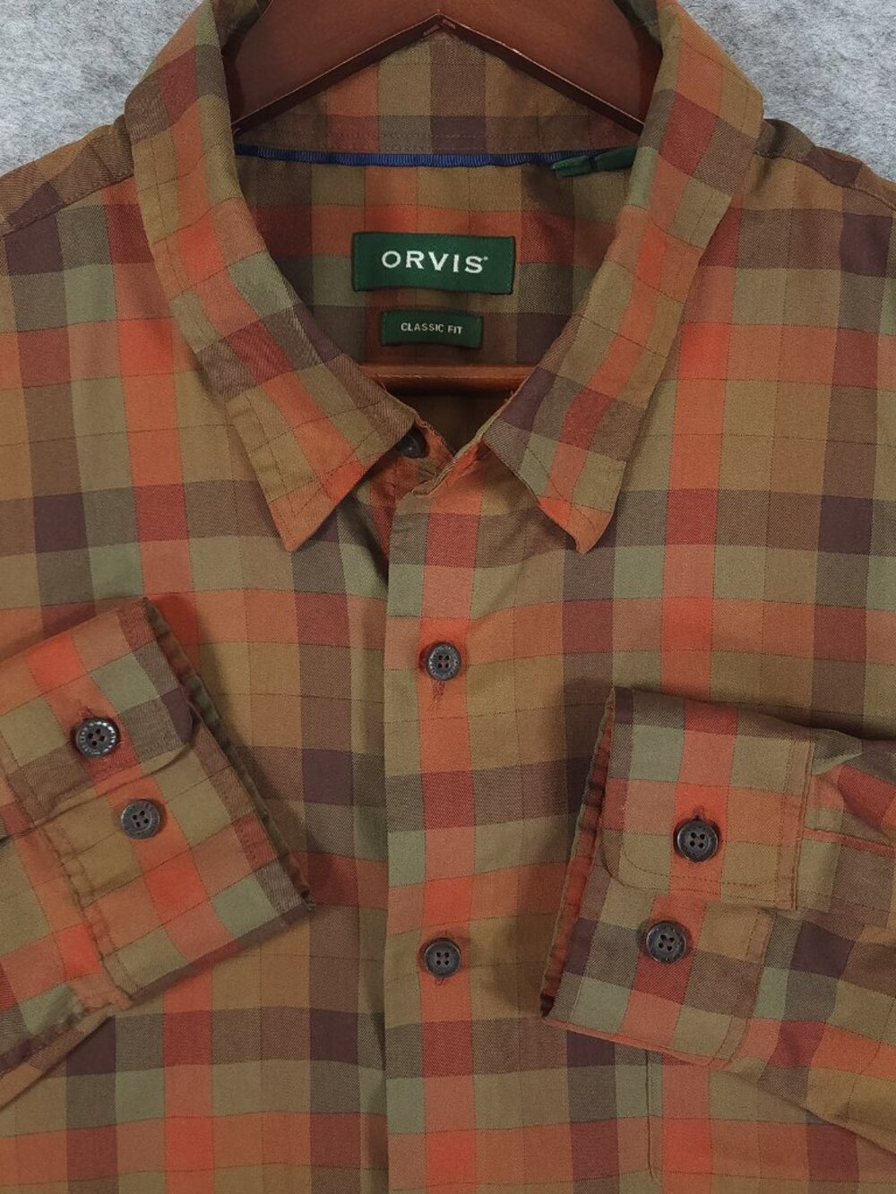 Orvis Classic Fit Mens Shirt Size XXL Orange Plaid Wool Blend Fall Autumn Twill